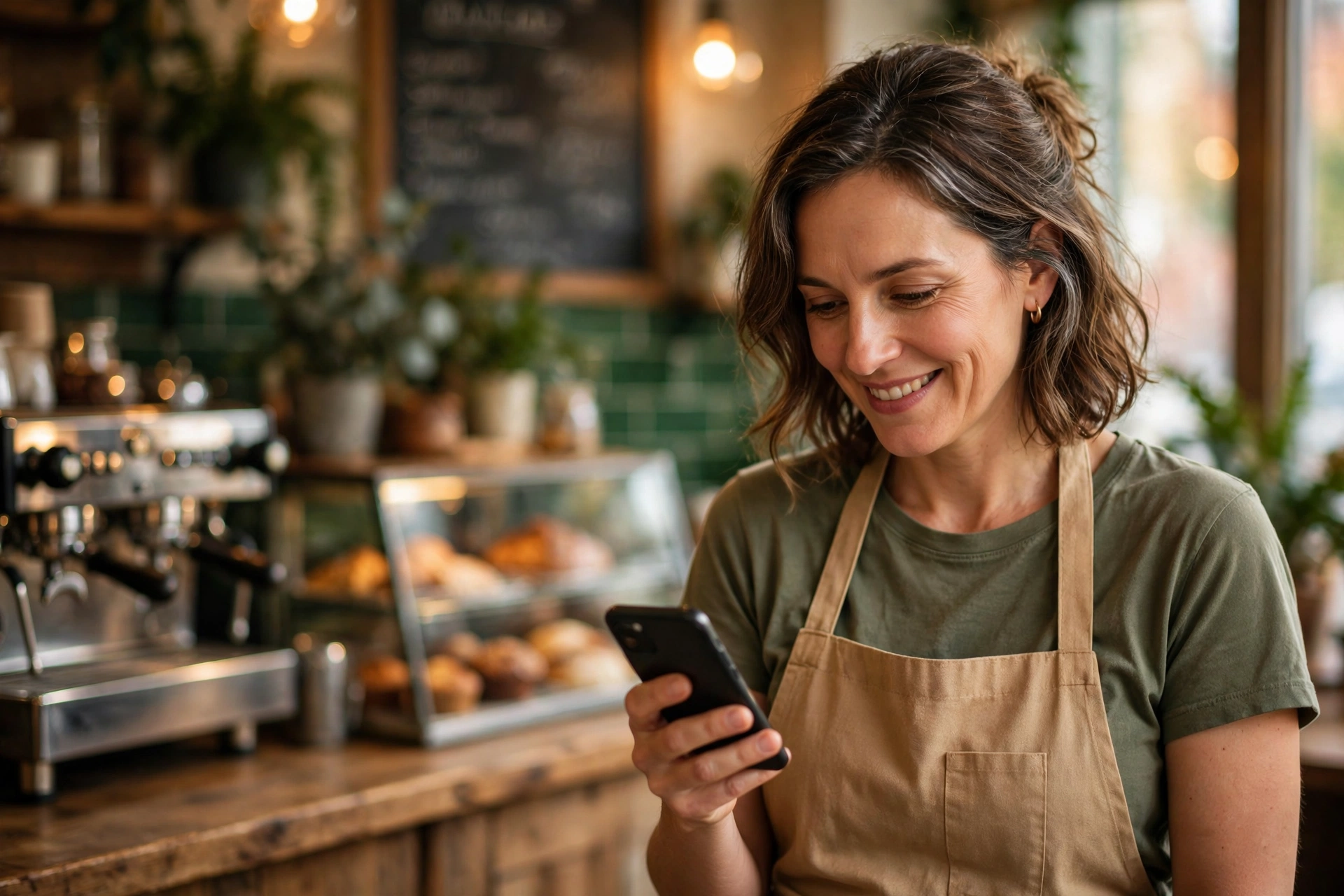 A café owner smiling as she checks a message on her phone behind the counter of her shop